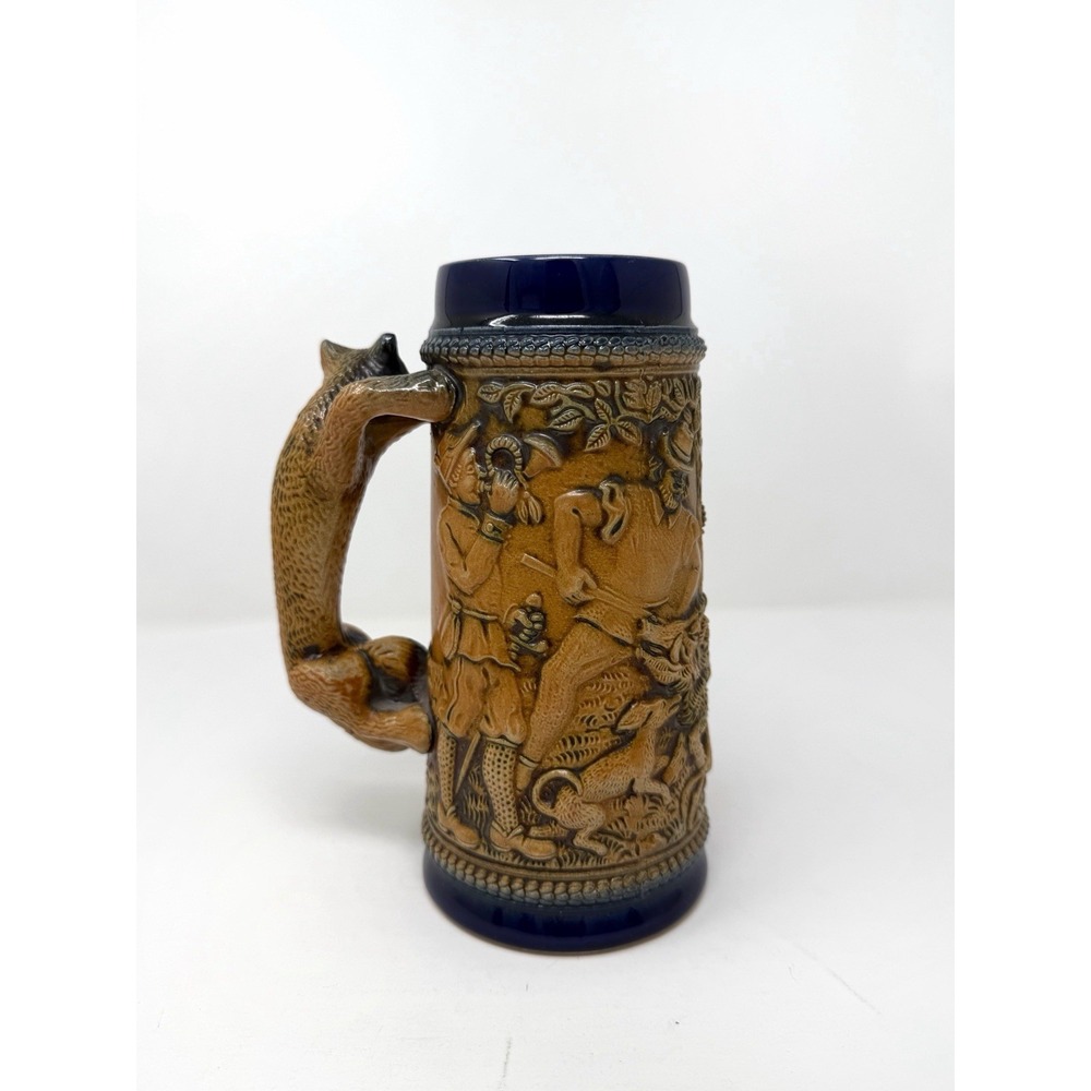 Vintage German Beer Stein Fox Handle Boar Hunting Scene Relief Mug No Lid - Picture 3 of 7